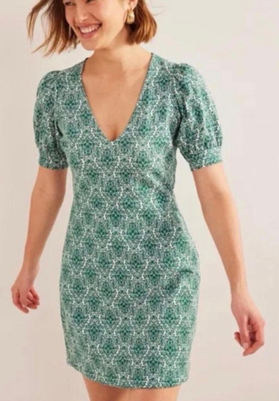 Boden Green Geometric Print Puff Sleeve V-Neck Mini Dress 8P